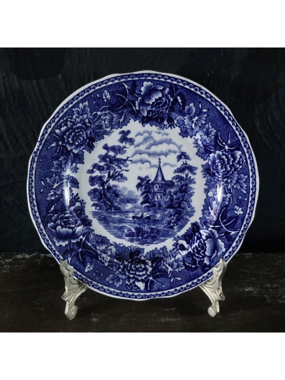 Vtg Arabia of Finland Blue and White Landscape Bread Plate Floral and Scenic
